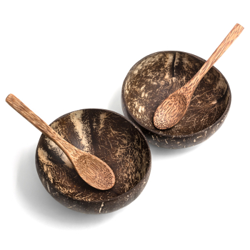 Coconut Bowl Schüssel mit Löffel 2er Set Vegan Buddha Bowl Kokosnuss Schale Smoothie Porridge